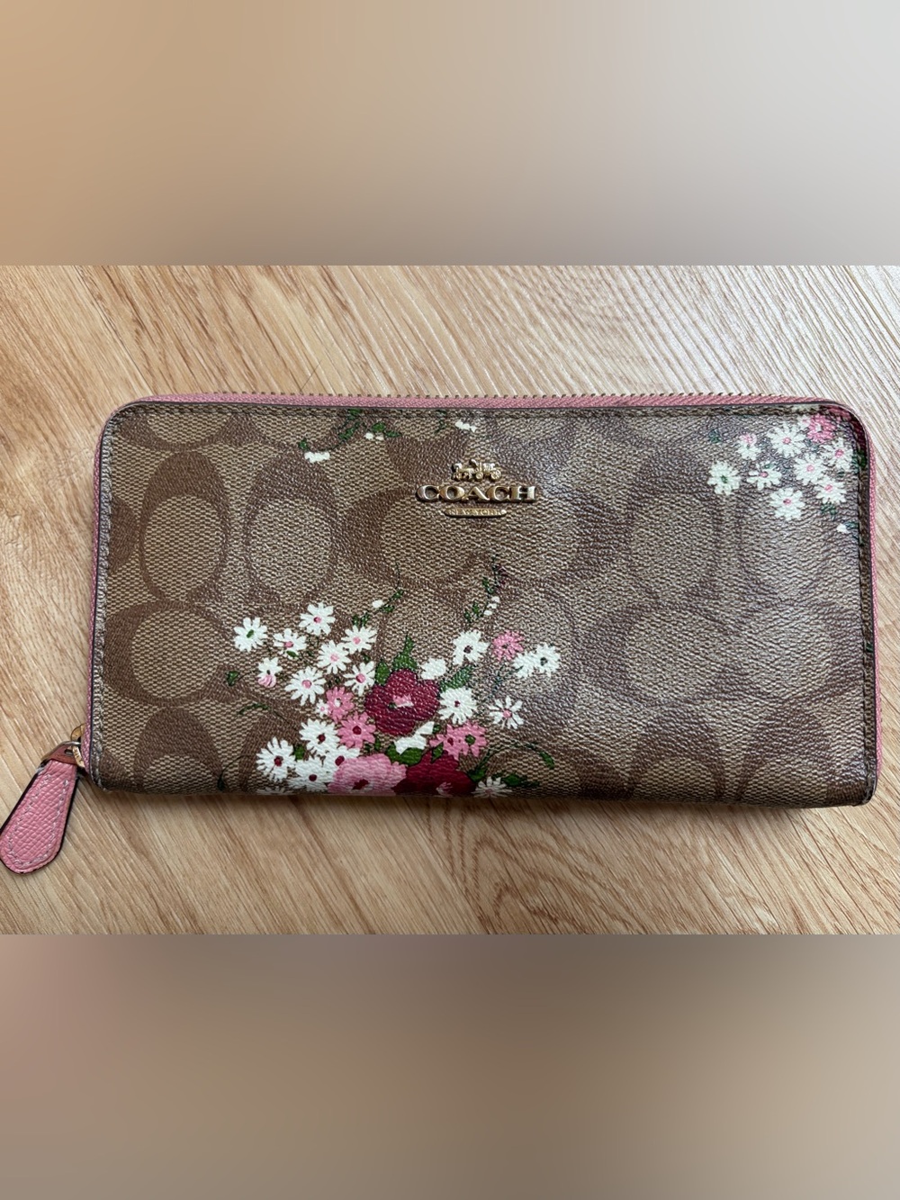 Coach Long Zip Wallet Signature Logo Canvas Pink Floral Print $199